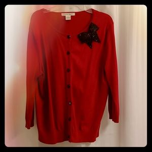 Red button up sweater vintage style bow on side